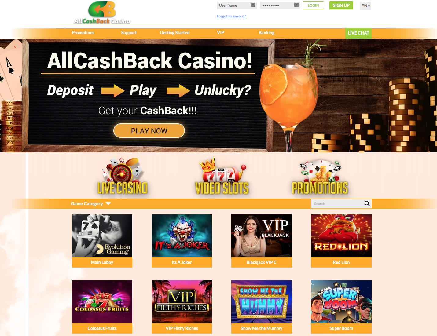 cashback casino login